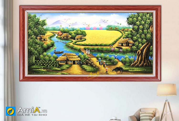 Tranh vẽ phong cảnh làng quê cánh đồng lúa chín AmiA TSD 508
